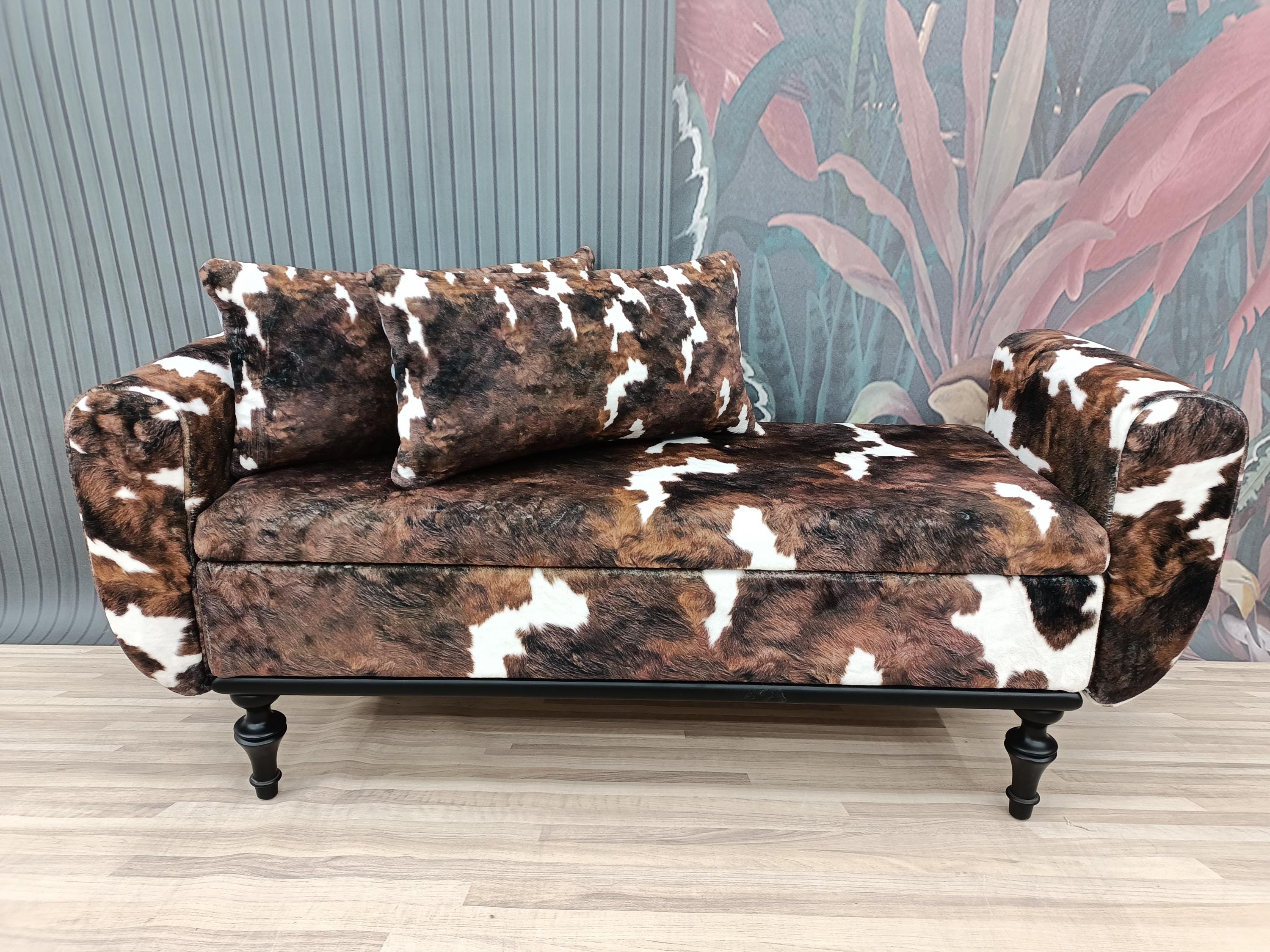 Cowhide pattern bench, Space saving bench, Fainting bench, Bench with arms, Ottoman storage, Furry bench, End of bed bench, ST COW-2