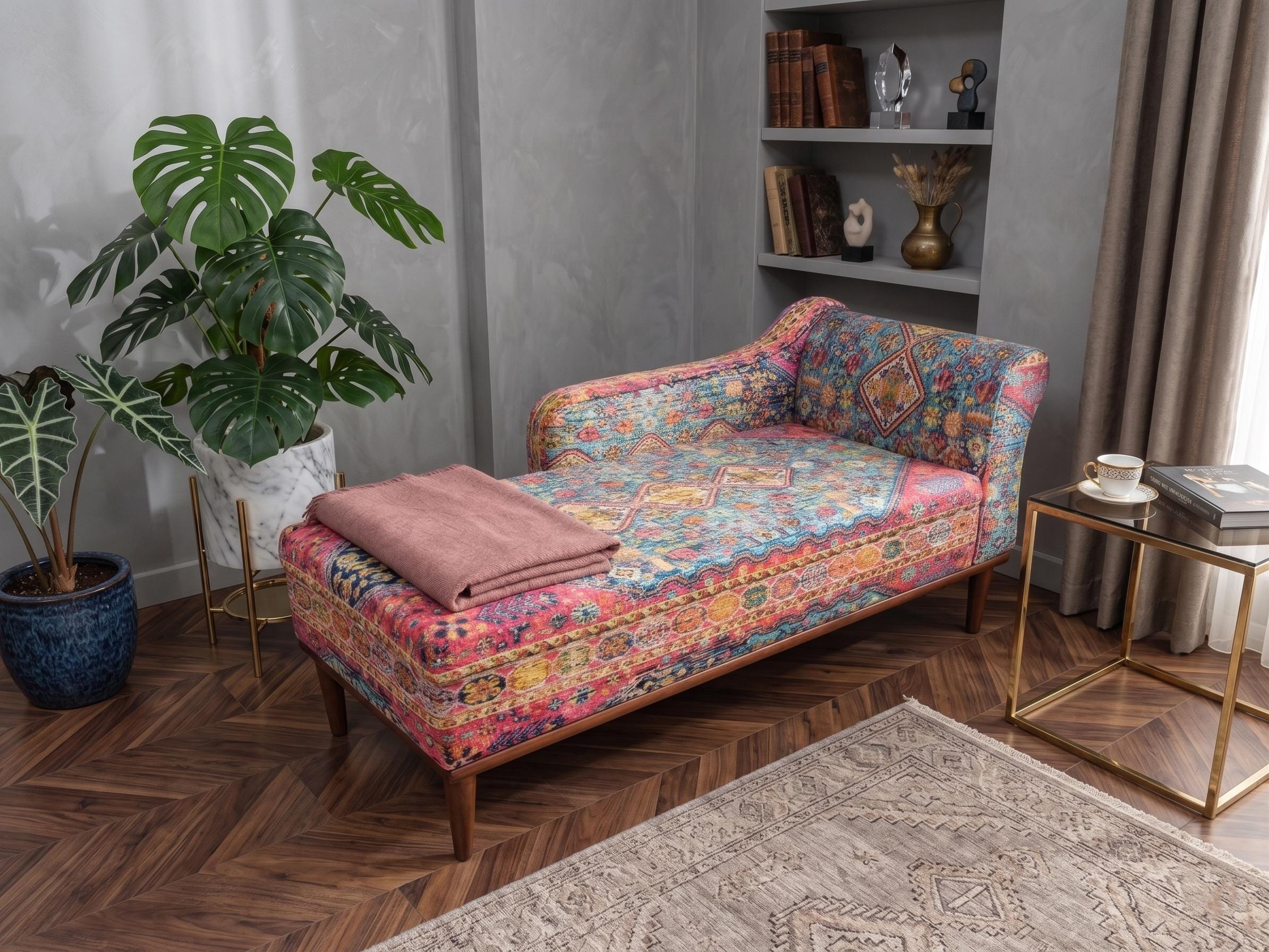 Colorful Boho Chaise Lounge Chair | Vintage Print Reading Nook Daybed, SOFA 40