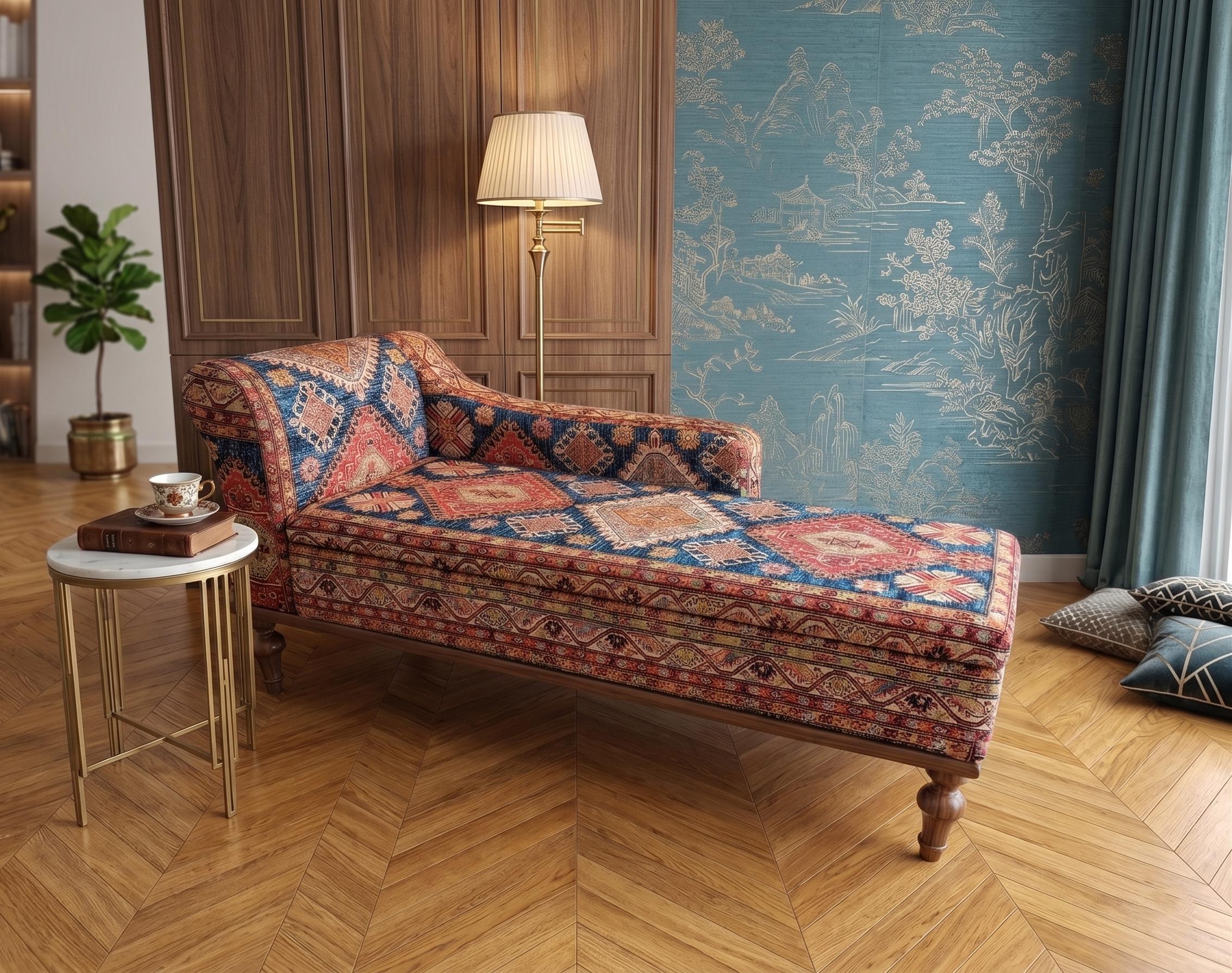 Oriental Motif Chaise Lounge Bed | Orange Blue Classic Settee, SOFA 63