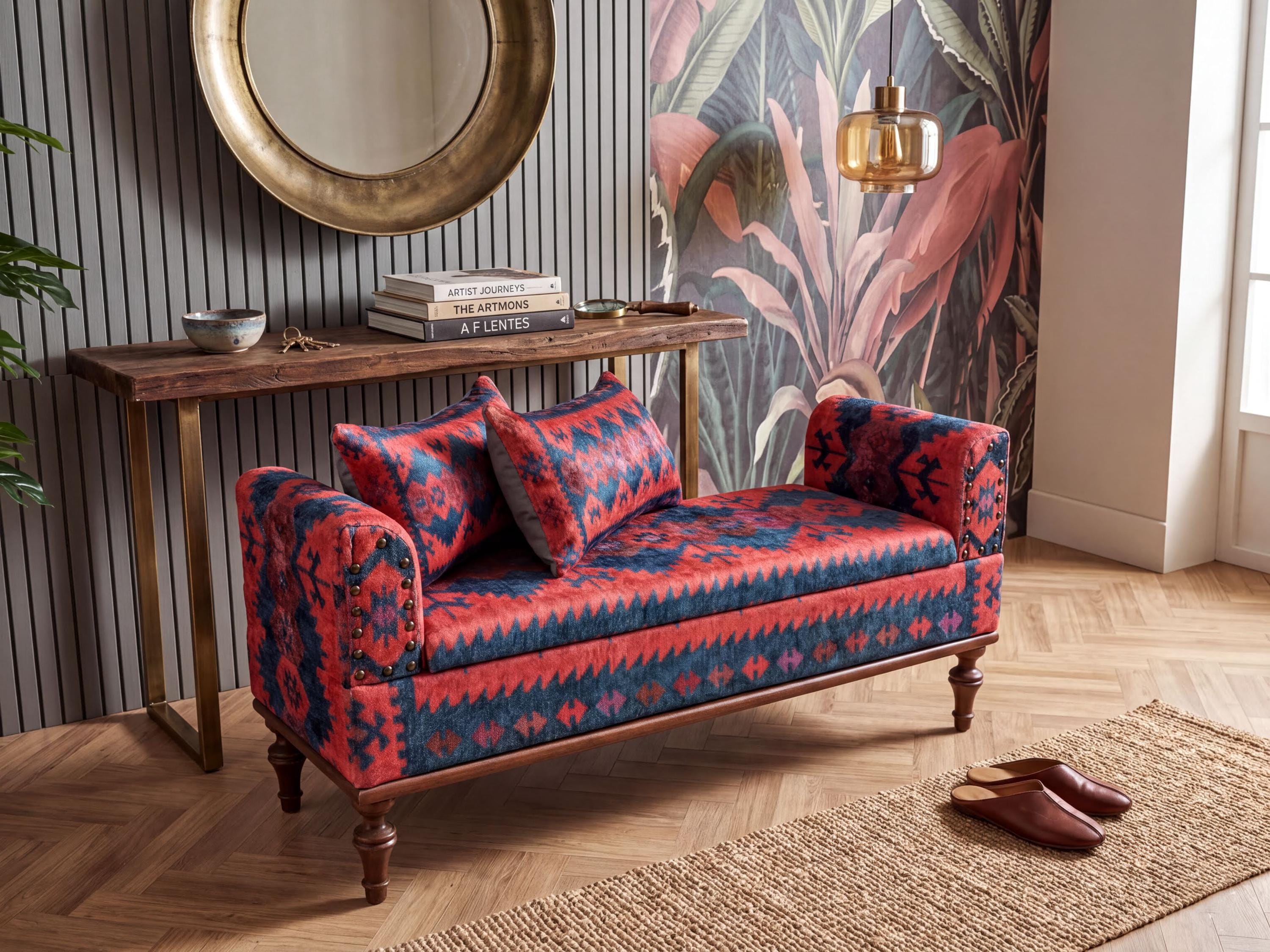 Aztec Pattern Storage Sofa Bench | Red Blue Hallway Trunk Seat, STORAGE 253